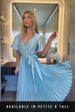 Angel Sleeve Pleated Wrap Midi Dress