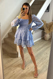 Blue Floral Print Shirred Bust Tiered Mini Dress