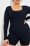 RIBBED SCULPT AND CONTROL SCOOP NECK LONG SLEEVE SHORT UNITARD
