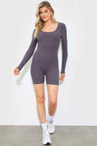 RIBBED SCULPT AND CONTROL SCOOP NECK LONG SLEEVE SHORT UNITARD