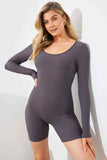 RIBBED SCULPT AND CONTROL SCOOP NECK LONG SLEEVE SHORT UNITARD