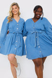 Button Through Tie Waist Denim Shirt Dress