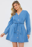 Button Through Tie Waist Denim Shirt Dress