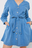 Button Through Tie Waist Denim Shirt Dress