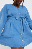 Button Through Tie Waist Denim Shirt Dress