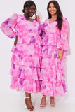 Abstract Floral Print Chiffon Cut Out Frill Maxi Dress