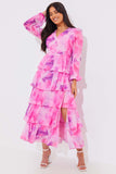 Abstract Floral Print Chiffon Cut Out Frill Maxi Dress