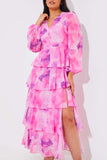 Abstract Floral Print Chiffon Cut Out Frill Maxi Dress