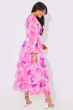 Abstract Floral Print Chiffon Cut Out Frill Maxi Dress