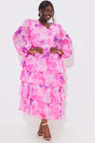 Abstract Floral Print Chiffon Cut Out Frill Maxi Dress