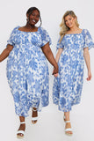 Floral Puff Sleeve Sweetheart Midi Dress