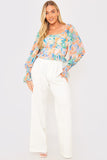 Blurred Floral Milkmaid Shirred Sleeve Top