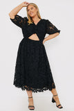 Lace Twist Front Puff Sleeve Midi Dress