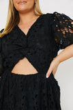 Lace Twist Front Puff Sleeve Midi Dress