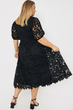 Lace Twist Front Puff Sleeve Midi Dress