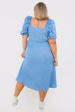 Chambray Shirred Balloon Sleeve Maxi Dress