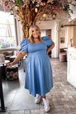 Chambray Shirred Balloon Sleeve Maxi Dress