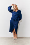 Navy Satin Wrap Midi Dress