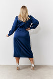 Navy Satin Wrap Midi Dress