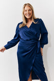 Navy Satin Wrap Midi Dress