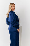 Navy Satin Wrap Midi Dress