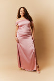 Rose Pink Satin Bardot Ruched Maxi Dress