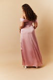 Rose Pink Satin Bardot Ruched Maxi Dress
