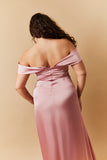 Rose Pink Satin Bardot Ruched Maxi Dress