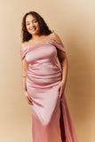 Rose Pink Satin Bardot Ruched Maxi Dress