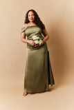 Olive Satin Bardot Ruched Maxi Dress