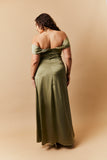 Olive Satin Bardot Ruched Maxi Dress