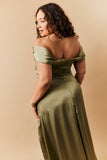 Olive Satin Bardot Ruched Maxi Dress