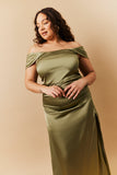 Olive Satin Bardot Ruched Maxi Dress