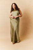 Olive Satin Cowl Back Maxi Dress