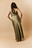 Olive Satin Cowl Back Maxi Dress
