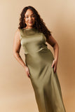Olive Satin Cowl Back Maxi Dress