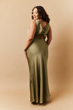 Olive Satin Twist Back Maxi Dress