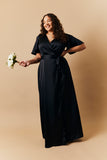 Black Satin Wrap Tie Angel Sleeve Maxi Dress