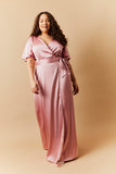 Rose Pink Satin Wrap Tie Angel Sleeve Maxi Dress