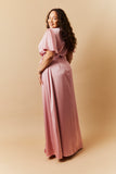 Rose Pink Satin Wrap Tie Angel Sleeve Maxi Dress