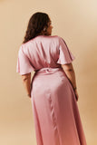 Rose Pink Satin Wrap Tie Angel Sleeve Maxi Dress