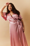 Rose Pink Satin Wrap Tie Angel Sleeve Maxi Dress