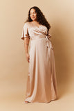 Light Gold Satin Wrap Tie Angel Sleeve Maxi Dress