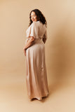 Light Gold Satin Wrap Tie Angel Sleeve Maxi Dress