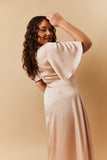 Light Gold Satin Wrap Tie Angel Sleeve Maxi Dress
