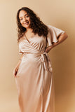 Light Gold Satin Wrap Tie Angel Sleeve Maxi Dress
