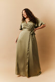 Olive Satin Wrap Tie Angel Sleeve Maxi Dress