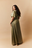 Olive Satin Wrap Tie Angel Sleeve Maxi Dress