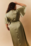 Olive Satin Wrap Tie Angel Sleeve Maxi Dress