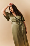 Olive Satin Wrap Tie Angel Sleeve Maxi Dress